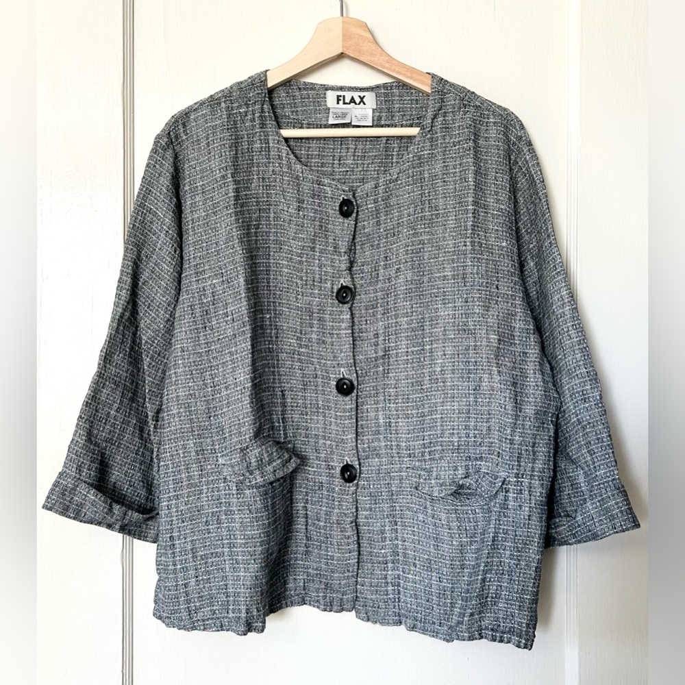 Flax 100% Linen Button Front‎ Pocket Blouse Lagenlook Black White L